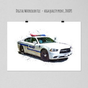 Police Car Print, Watercolor Painting, Printable Wall Art, Digital Download, Police Wall Decor