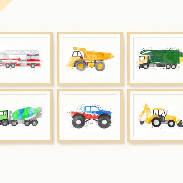 Vehicle Prints Set for Boys Room, Fire Truck Print, Dump Truck, Garbage Truck, Cement Mixer Truck, Monster Truck, Digger, Toddler Room Decor