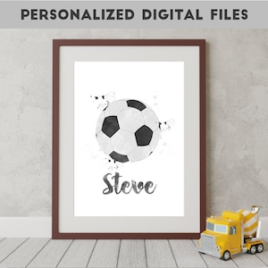Aquarel voetbal, gepersonaliseerde naam, kinderkamer poster, voetbal decor, voetbal kunst aan de muur, aangepaste sport kunst, jongens slaapkamer decor