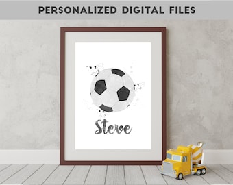 Pallone da calcio ad acquerello, nome personalizzato, poster della camera dei bambini, arredamento da calcio, arte della parete del calcio, arte sportiva personalizzata, arredamento della camera da letto dei ragazzi