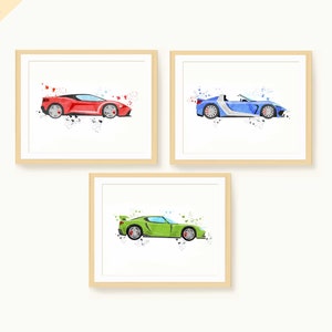 レースカープリントバンドル、スポーツカー3点セット、レーシングカープリント、男の子の寝室の壁アート、車両プリント、デジタルダウンロード