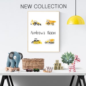 Boy Name Print, Construction Art, Toddler Door Print, Dump Truck Nursery, Digger Wall Art, Customizable Print, Kids Door Decor, Boys Vehicle