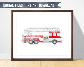 Fire Truck Wall Art, Firetruck Print, Watercolor Firetruck, Fire Truck Birthday, Fire Engine, Firefighter Party, Fireman Birthday Printable