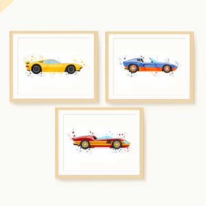 レースカープリントバンドル、子供部屋の車のプリント、スポーツカーセット、レースカーの寝室の装飾、レーシングカーの印刷物、男の子の部屋のアート、水彩画の車