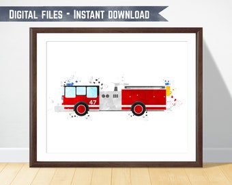 Brandweerwagen kunst aan de muur, digitale download, brandweerwagen print, speelkamer decor, transport decor