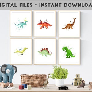 May include: Six printable watercolor dinosaur illustrations in a nursery setting. The dinosaurs are a green T-Rex, a red Triceratops, a blue Pterodactyl, a green Stegosaurus, a yellow Pterodactyl, and a brown Brachiosaurus.