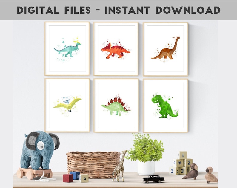 May include: Six printable watercolor dinosaur illustrations in a nursery setting. The dinosaurs are a green T-Rex, a red Triceratops, a blue Pterodactyl, a green Stegosaurus, a yellow Pterodactyl, and a brown Brachiosaurus.