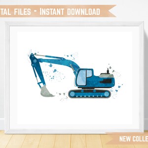 Excavator Print, Watercolor Digger Wall Art, Big Boy Decor, Toddler Bedroom Art, Construction Party Decor, Nursery Vehicle, Transportation