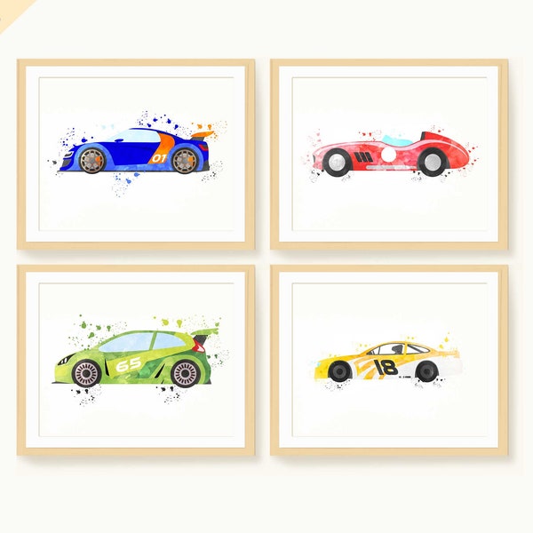 Race Car Themed Bedroom Decor, Nursery Boy Car Print, Racing Cars printable, Boy Room Art, Race Car Prints Bundle, Watercolor Cars