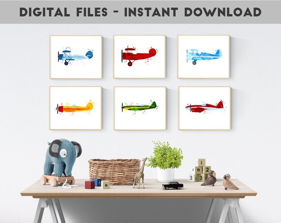 Airplane Print Set, Plane Wall Art Retro, Set of 6 Prints, Nursery Boy Wall Art, Digital Download