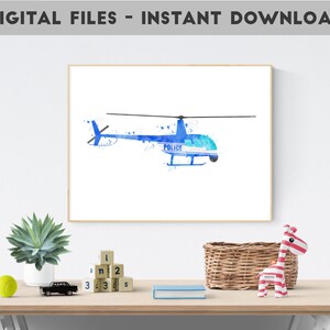 Blue Police Helicopter Watercolor Printable for Aviation-Themed Kids&#39; Room - Instant Download Wall Art