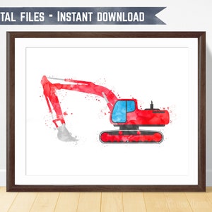 Eye-Catching Wall Art for Kids Bedroom: Red Excavator Watercolor Printable - Instant Download