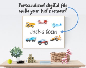 Boy Name Print, Transportation Room Decor, Boy Name Wall Art, Nursery Car Decor, Nursery Vehicle Art, Big Boy Bedroom, Custom Toddler Art
