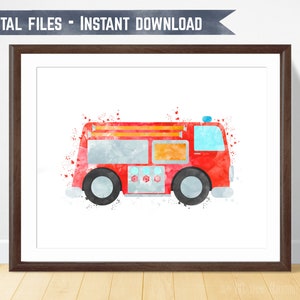 Fire Truck Printable - Watercolor Fireman Nursery Decor - Toddler Boy Room Art - Fire Engine Print