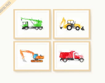 May include: Set of four watercolor prints featuring construction vehicles. The prints depict a green crane, a yellow tractor, an orange excavator, and a red dump truck.