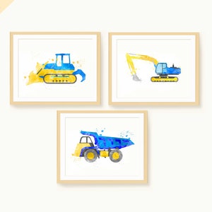 Construction Prints Set of 3 - Dump Truck - Excavator - Bulldozer - Wall Art for Boy Room