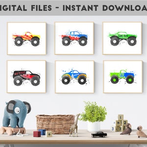 Monster Truck Bundle: Set of 6 Printable Watercolor Truck Art for Kids Room - Instant Digital Download