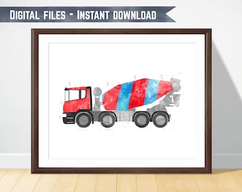 Cement Mixer Truck Printable, Truck Art For Boys, Truck Theme Nursery, Construction Truck, Kids Truck Art, Toddler Boys Room, Truck Wall Art