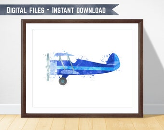 Whimsical Blue Biplane: Aviation Kids' Room Wall Art - Watercolor Printable - Instant Download