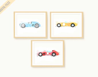 Racing Car Watercolor Prints - Vintage Bundle of 3 - Perfect Wall Art for Boys - Instant Digital Download
