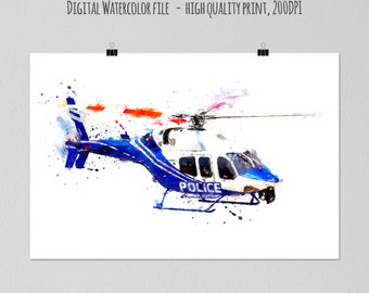 Police Helicopter Print, Watercolor Painting, Printable Wall Art, Chopper Wall Art, Boys Bedroom Decor, Whirlybird, Police Poster