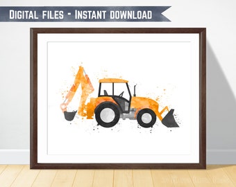 Digger Print, Back Hoe Digger, Front End Loader, Construction Nursery, Toddler Printable, Digger Art, Toddler Boys Room, Big Boy Room Print