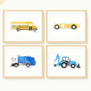 Transportation Print Set of 4, Transport Nursery Art, Watercolor Printable, Vehicles Set, Boy Room Wall Art, Kids Play Room Decor Boy Poster