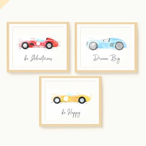 Race Car Prints Bundle, Watercolor Cars, Race Car Themed Bedroom Decor, Nursery Boy Car Print, Set of 3, Racing Cars printable, Boy Room Art