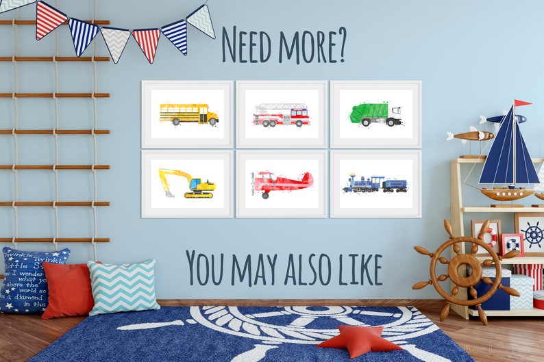 May include: A set of six framed watercolor illustrations of various vehicles, including a school bus, fire truck, garbage truck, excavator, airplane, and train. The illustrations are displayed on a light blue wall in a child's room.
