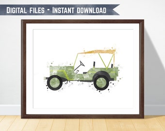 Army off-road car print in watercolor technique, printable digital file