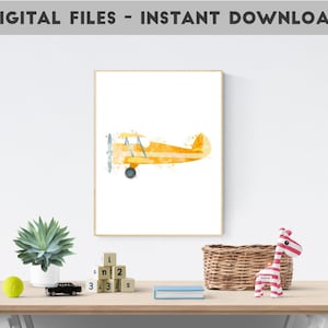 Nursery Airplane Decor, Watercolor Plane, Biplane Nursery, Airplane Wall Art, Kids Airplane Print, Retro Airplane Art, Nursery Decor Travel