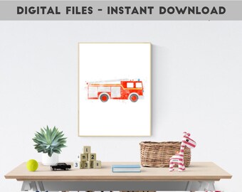 Brandweerwagen print, brandweerwagen kunst aan de muur, brandweerwagen afdrukbare, aquarel brandweerwagen, transport kunst aan de muur, jongen kamer kunst