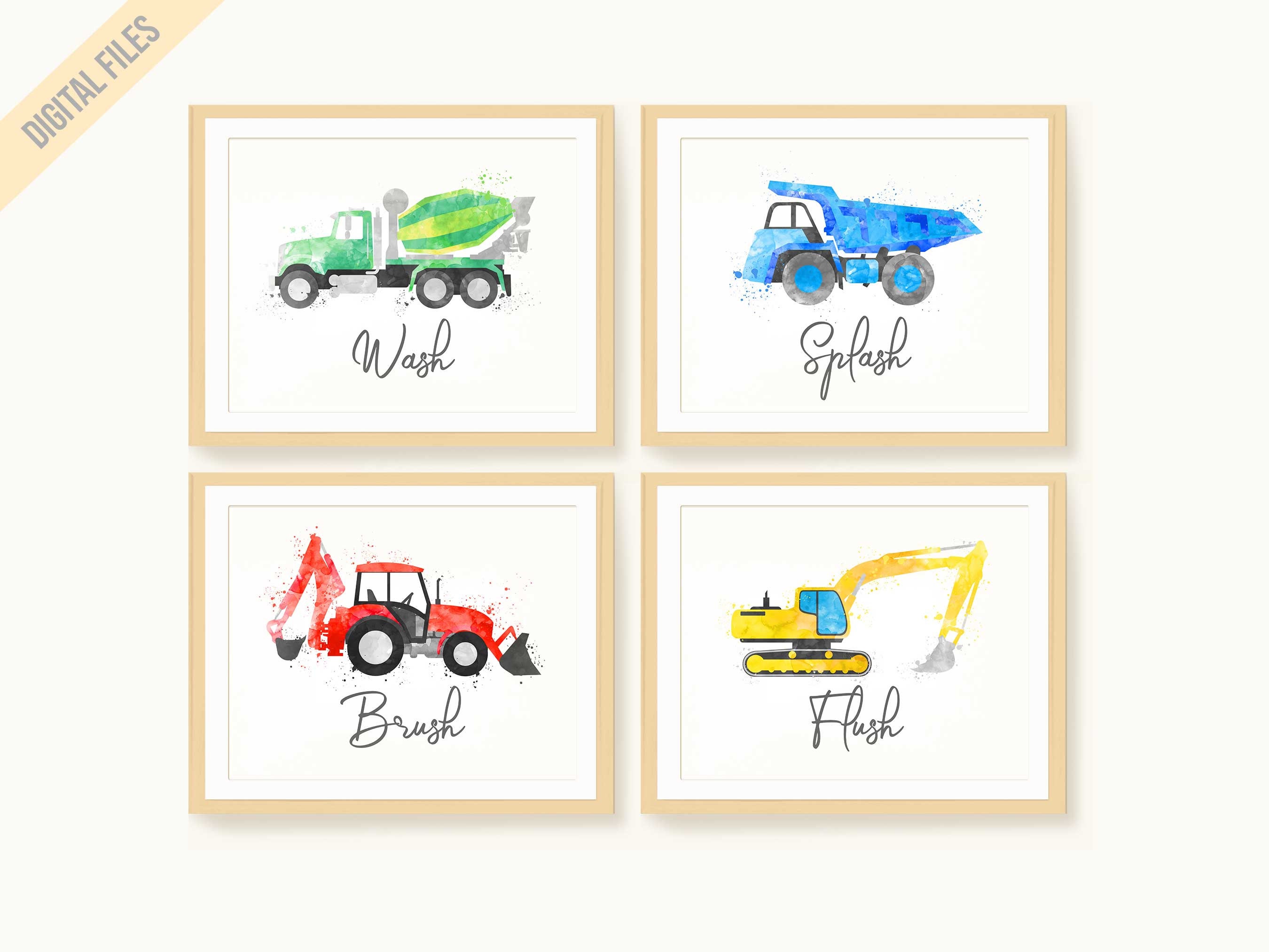 Construction Print Set, Kids Bathroom Decor, Kids Quotes Wall Art, Wash Splash Flush Brush, Digger Print, Dump Truck, Transportation Kids