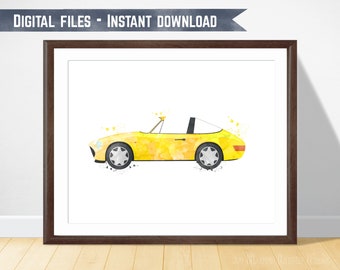 Adorable Car Nursery Decor: Yellow Race Car Print for Toddler Boys and Transportation Theme
