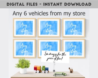 Transportation wall art set - any 6 vehicles from our shop - custom bundle - baby boy nursery decor -  watercolor prints - playroom decor