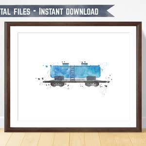 Train print, watercolor nursery art, tanker print, printable train, kids wall decor, boy room wall art, train birthday party, children print