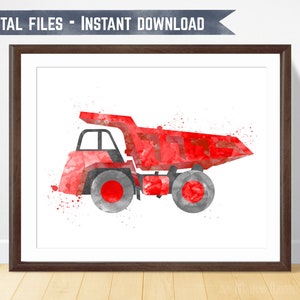 May include: A watercolour painting of a red dumper truck on a white background. The truck is in profile view and has a grey cab and wheels. The painting has a splattered effect, giving it a whimsical feel.