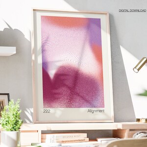 May include: A digital download of an abstract art print with a pink, purple, and orange color scheme. The print features a geometric pattern and the text "222 Alignment".