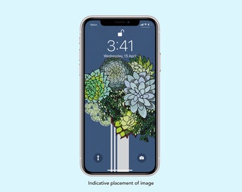 Succulent Bouquet Blue Illustration Smartphone Screensaver Mobile Wallpaper Lock Screen Home Screen Digital Download iphone wallpaper
