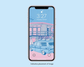 Beach House Surf Vintage Car Illustration Smartphone Screensaver Mobile Wallpaper Lock Screen Home Screen Digital Download iphone wallpaper