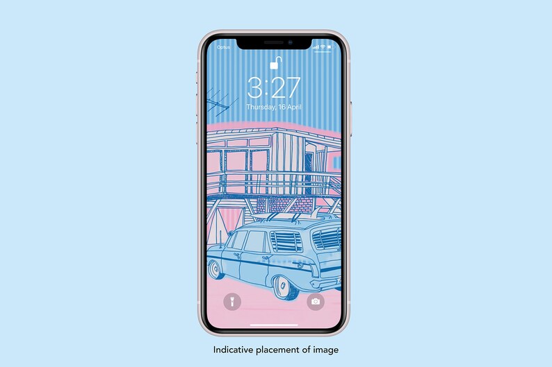 May include: A blue and pink illustration of a house with a car parked in front of it. The car has a surfboard on top. The image is on a phone screen with the time 3:27 displayed.