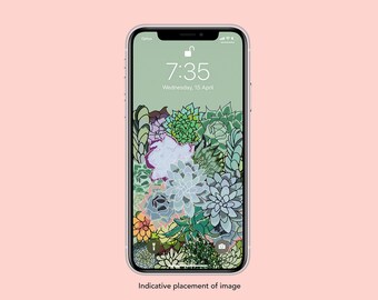 Succulent Garden Green Illustration Smartphone Screensaver Mobile Wallpaper Lock Screen Home Screen Digital Download iphone wallpaper