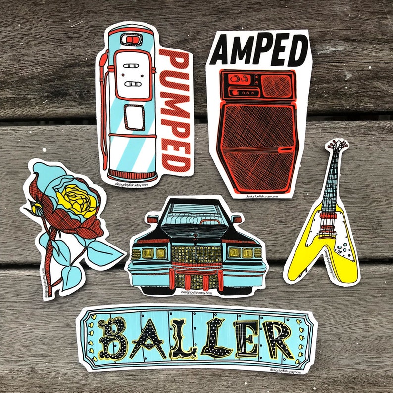 Sticker Pack 6 Fun Illustrated Stickers Decal Vinyl Die Cut Rose Limo Baller Pumped Amped Guitar - 