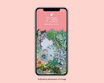 Succulent Garden Green Illustration Smartphone Screensaver Mobile Wallpaper Lock Screen Home Screen Digital Download iphone wallpaper