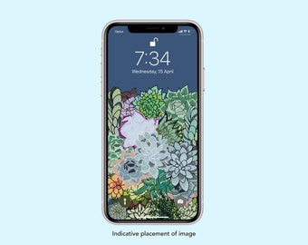 Succulent Garden Blue Illustration Smartphone Screensaver Mobile Wallpaper Lock Screen Home Screen Digital Download iphone wallpaper