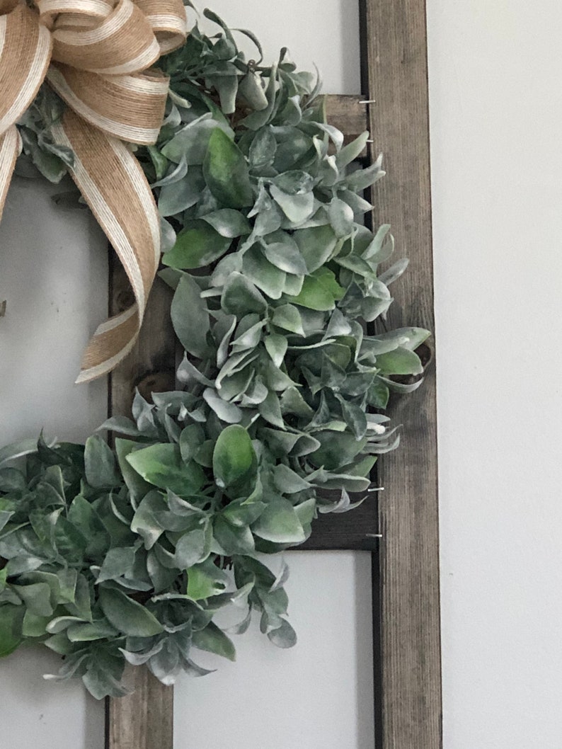 Rustic Window Frame with Greenery Wreath and Burlap Bow