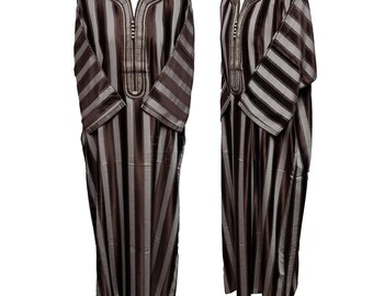 Men Moroccan Cotton Blend Brown 3-quarter Sleeves Thobe Jubba Kandora