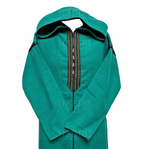 Moroccan Winter Cashmere Wool Blend Turquoise Green Hooded Thobe Djellaba shops