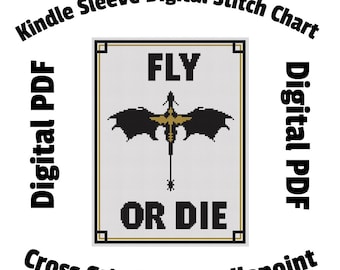 Fly or Die Kindle sleeve stitch chart digital PDF for cross stitch and needlepoint
