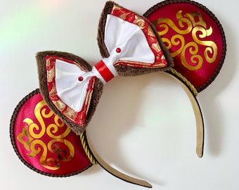 Red Satin Queen Ears: Metallic Gold Accents & Rhinestone Bow